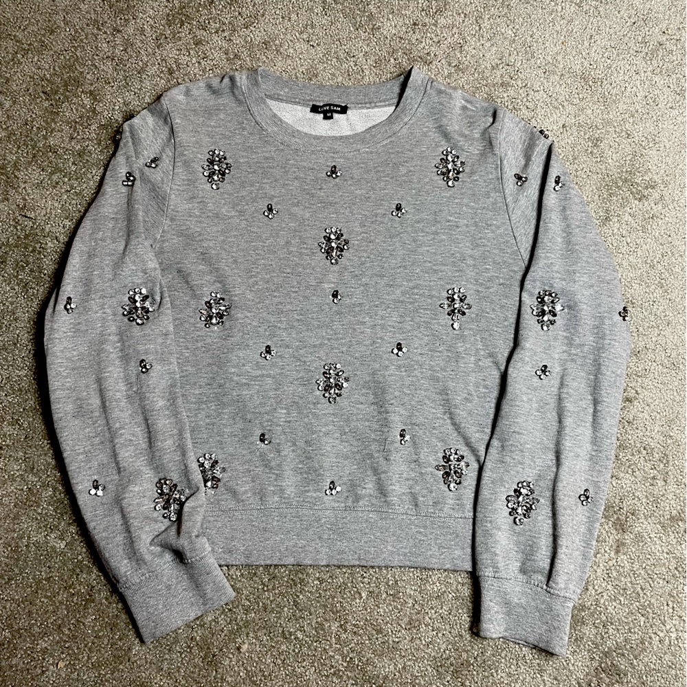 Gray embellished rhinestone sweater sweatshirt Crewneck grey bling accent shirt